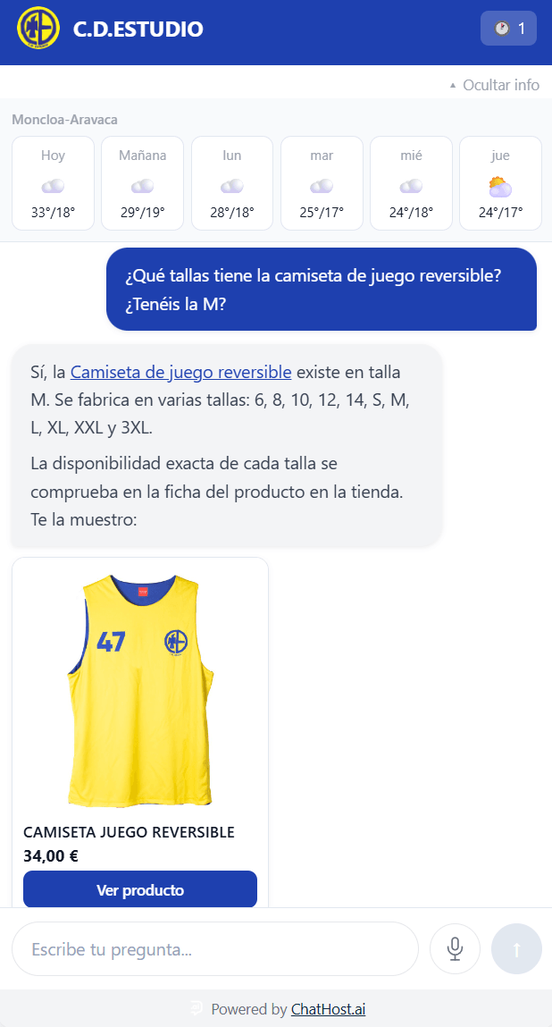 El chat responde qué tallas tiene una camiseta y la enseña en una tarjeta con foto, precio y botón «Ver producto»