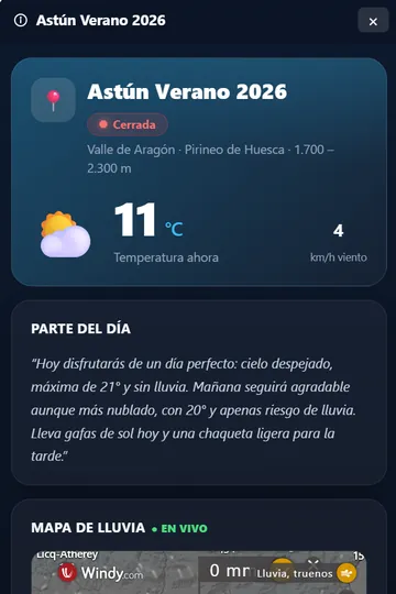 Widgets dentro del chat: estado, temperatura, parte del día y mapa de lluvia en directo